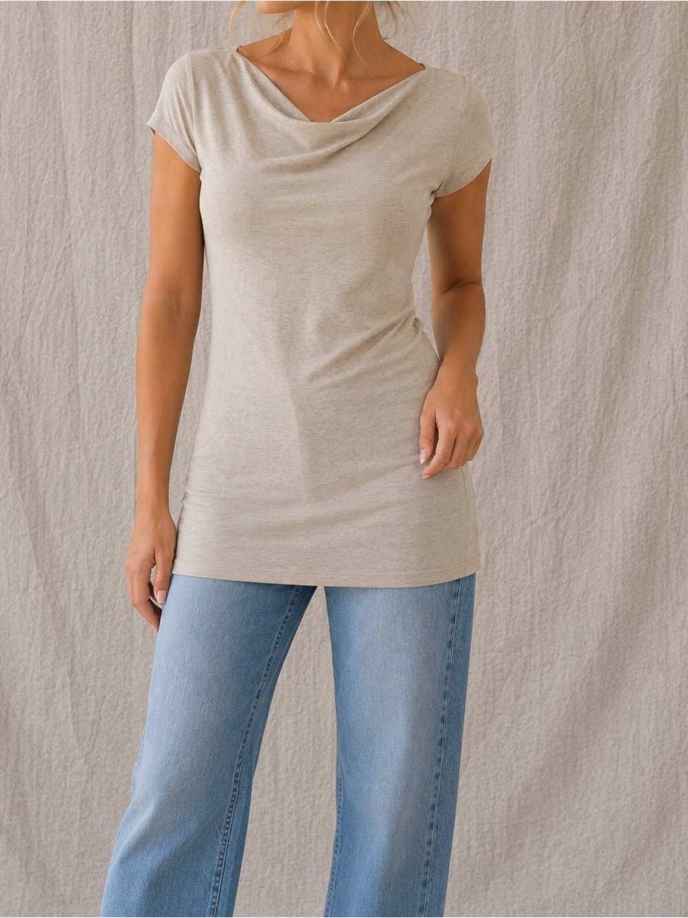 Vintage Michael Stars Beige Cowl Neck Longline Top One Size